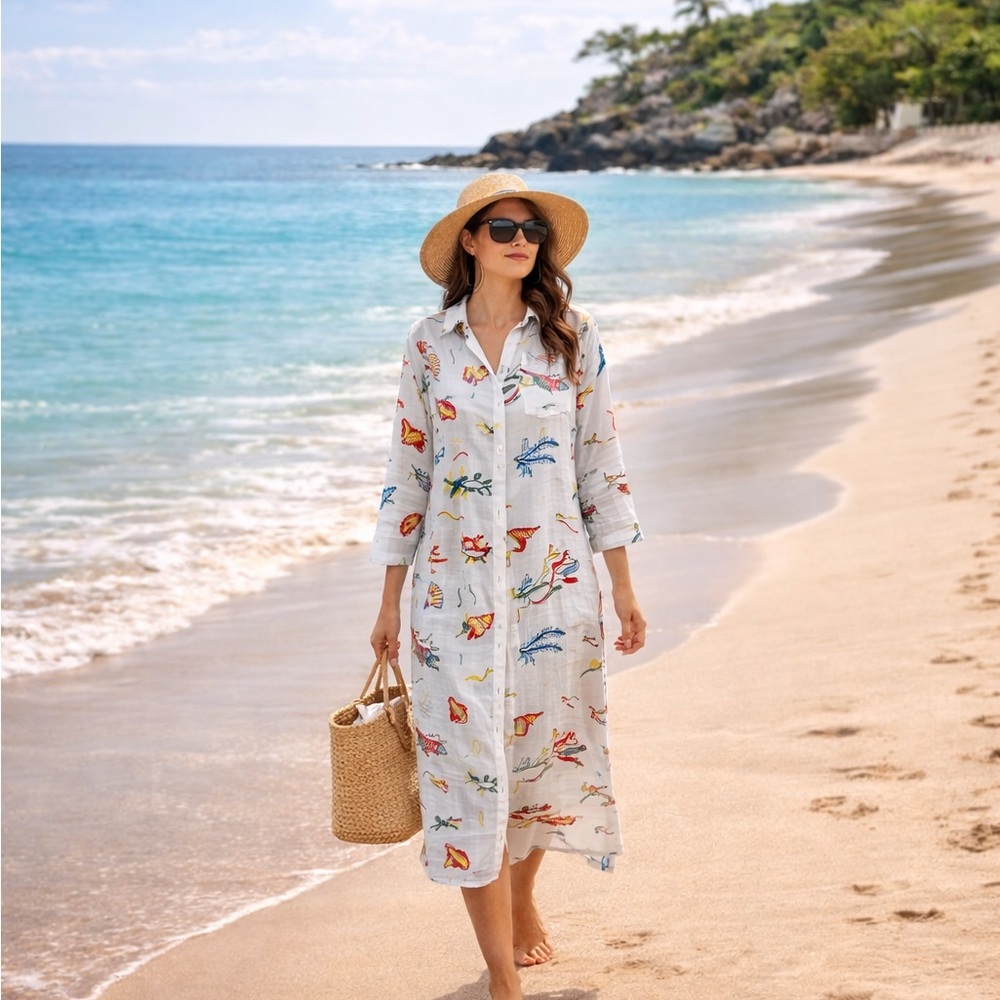 Coastal Embroidered Beach Cover Up Midi Shirt Dress Ocean Theme Lemons Resort S